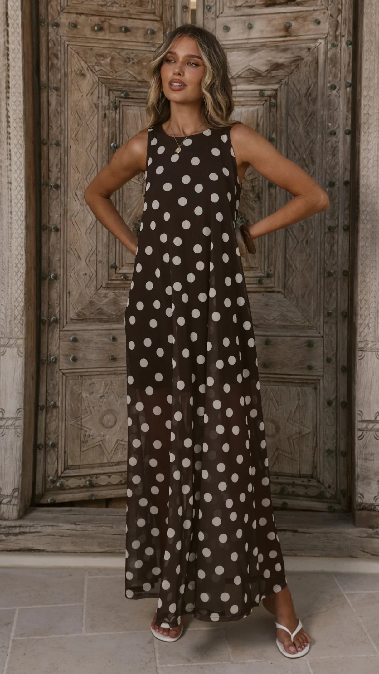 Amryn Maxi Dress Choc White Polka Dot
