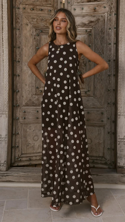 Amryn Maxi Dress Choc White Polka Dot