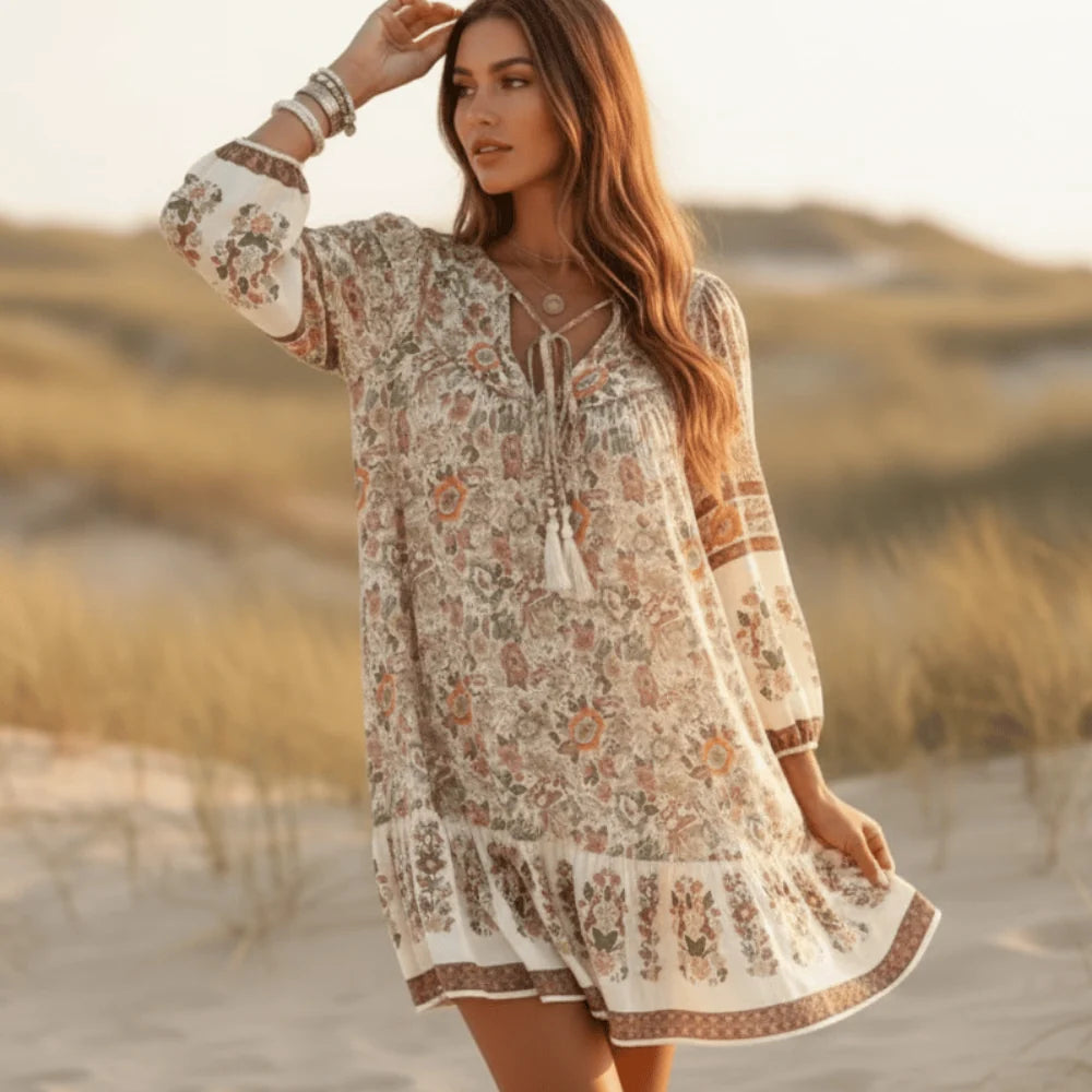 Boho Floral V Neck Ruffle Mini Dress