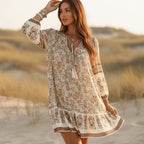 Boho Floral V Neck Ruffle Mini Dress