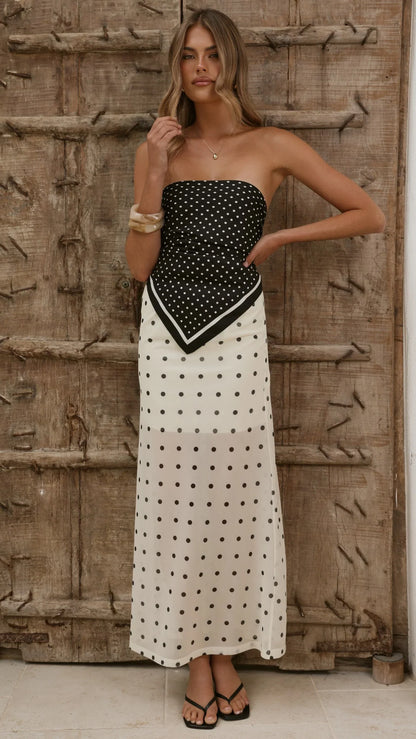 Onella Semi Sheer Maxi Skirt Cream Black Polka Dot