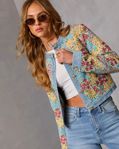 Painted Petal Floral Denim Trim Jacket