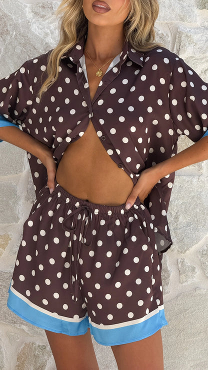 Ravenna Button Up Shirt and Shorts Set Brown Polka