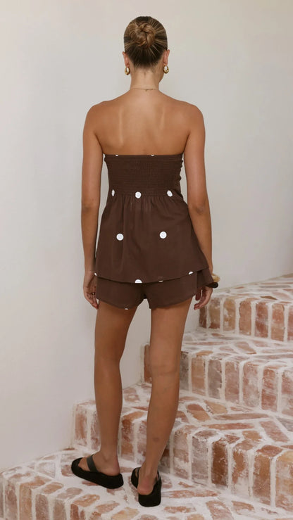 Kiki Strapless Top and Shorts Set Choc White Polka Dot