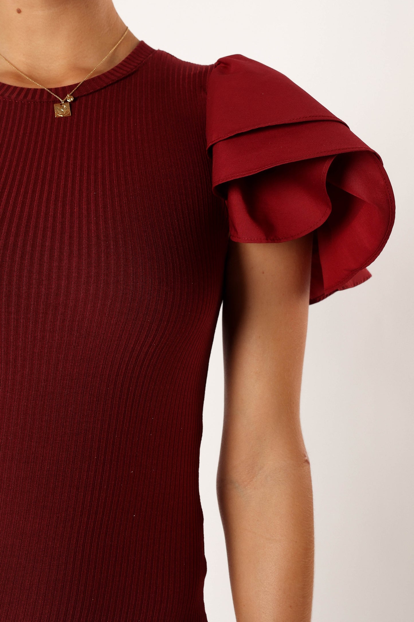 Cally Ruffle Sleeve Midi Dress Wine