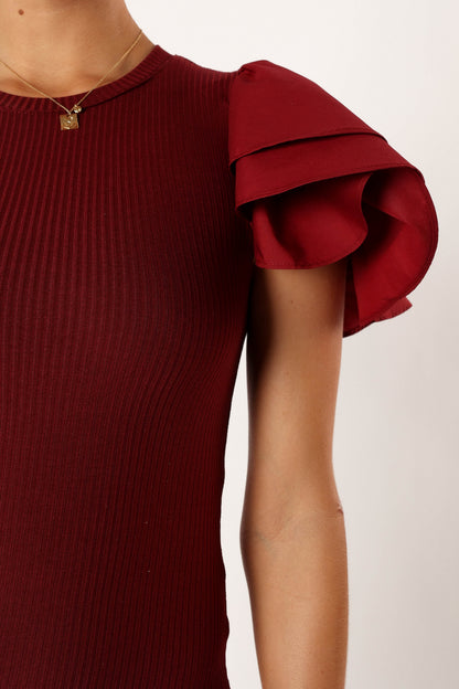 Cally Ruffle Sleeve Midi Dress Wine