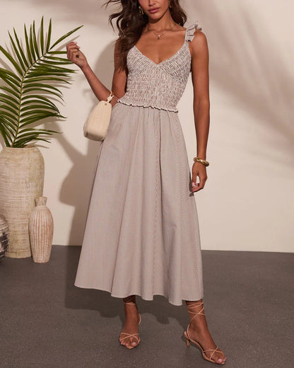 Sun Weathered Smocked Striped Midi Dress