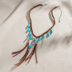 Boho Turquoise Tassel Feather Pendant Choker Necklace