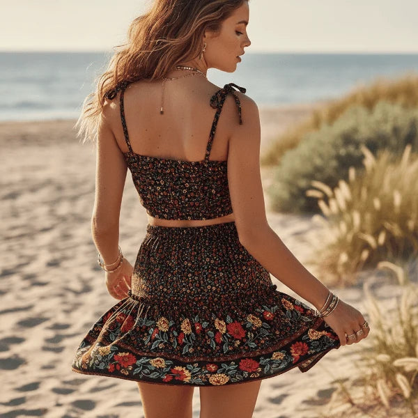Black Floral Crop Top Mini Skirt Set