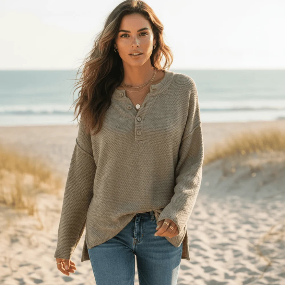 Bohemian Long Sleeve Henley Knit Sweater