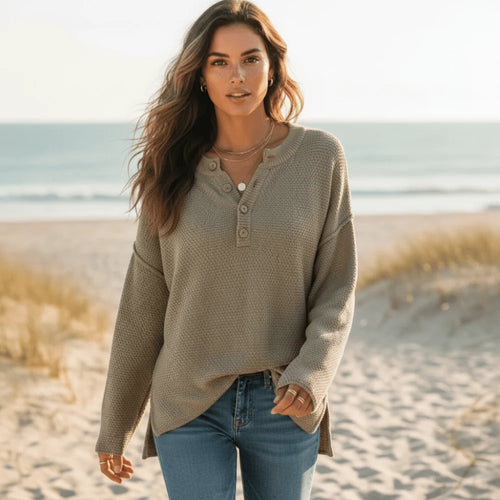 Bohemian Long Sleeve Henley Knit Sweater