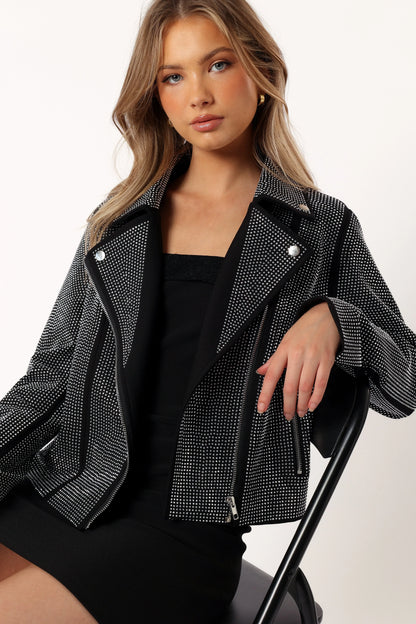 Elaina Crystal Studded Moto Jacket Black