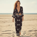 Boho Black Print Kimono Wide Leg Pants Set