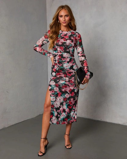 Rusted Bloom Printed Mesh Midi Dress
