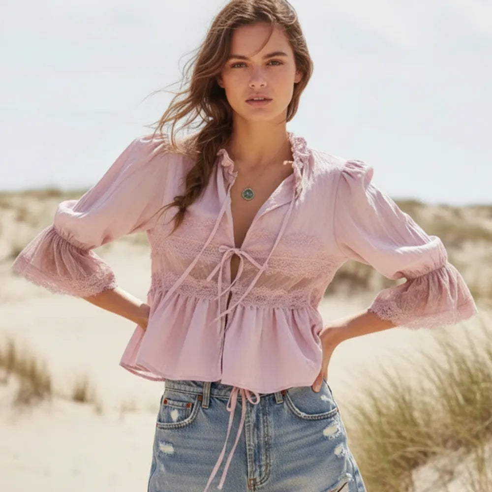 Boho Lace Long Sleeve Babydoll Top