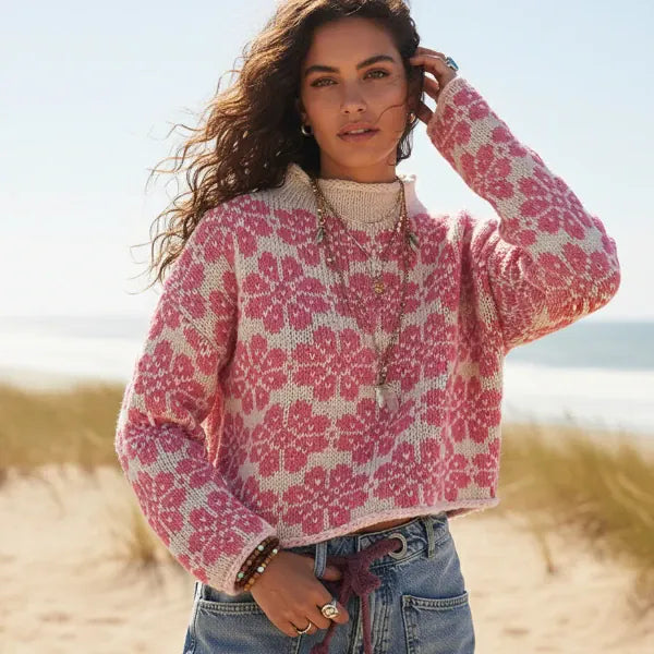 Boho Floral Knit Pullover Sweater
