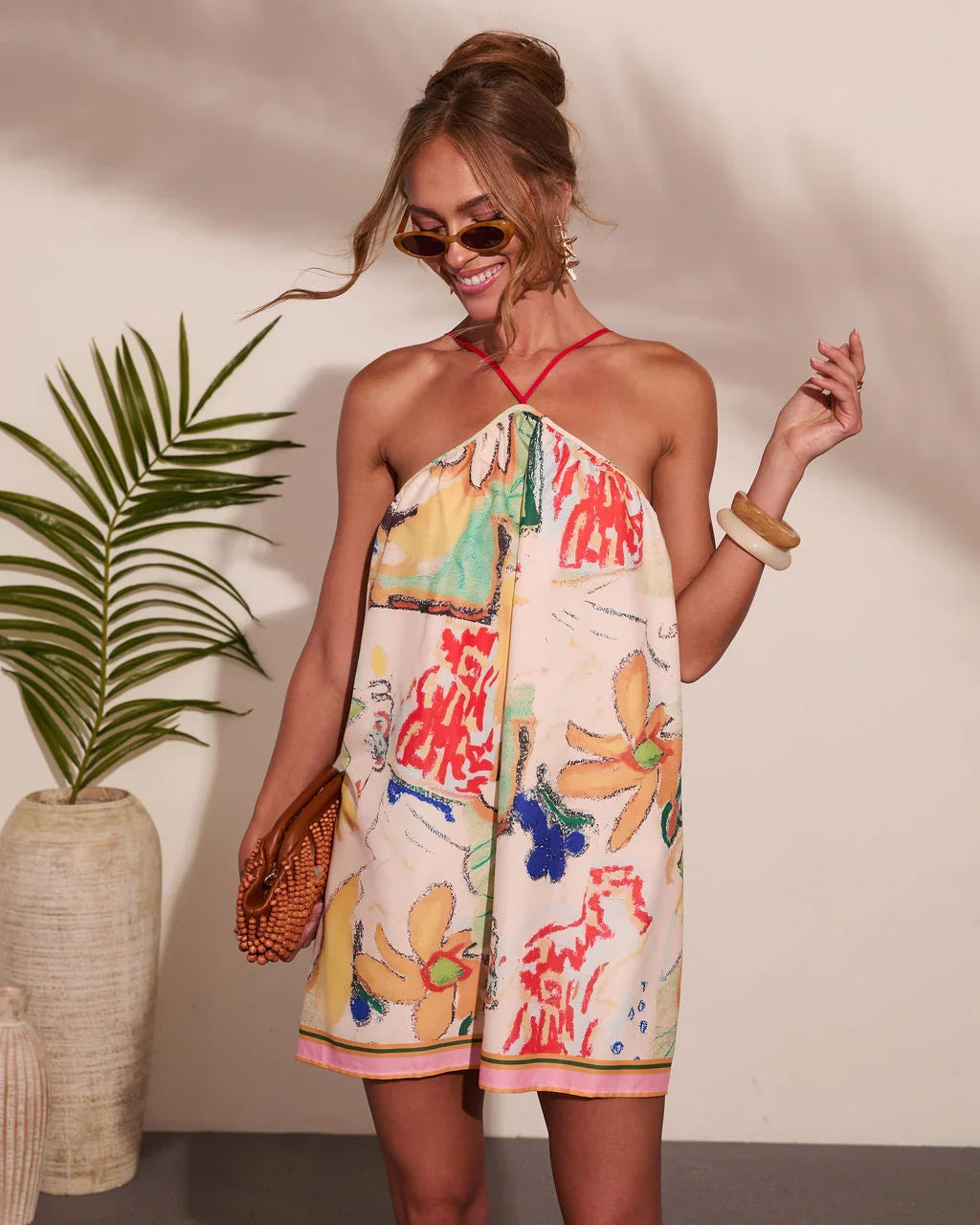 Sunlit Splash Abstract Print Halter Neck Mini Dress