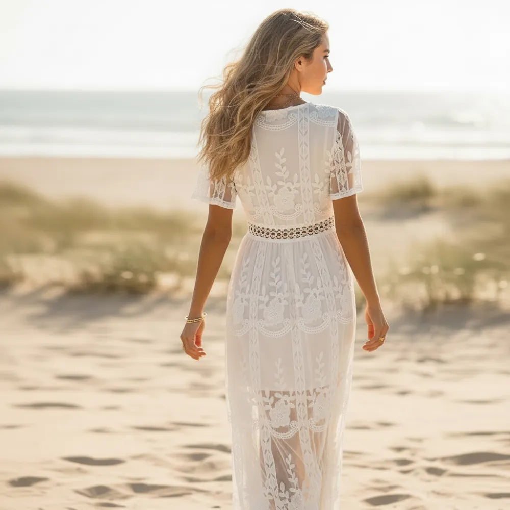 White Lace Short Sleeve Boho Maxi Dress