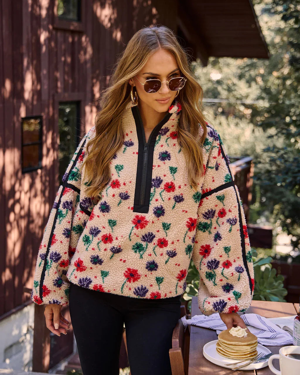 Pauleen Sherpa Floral Quarter Zip Sweatshirt