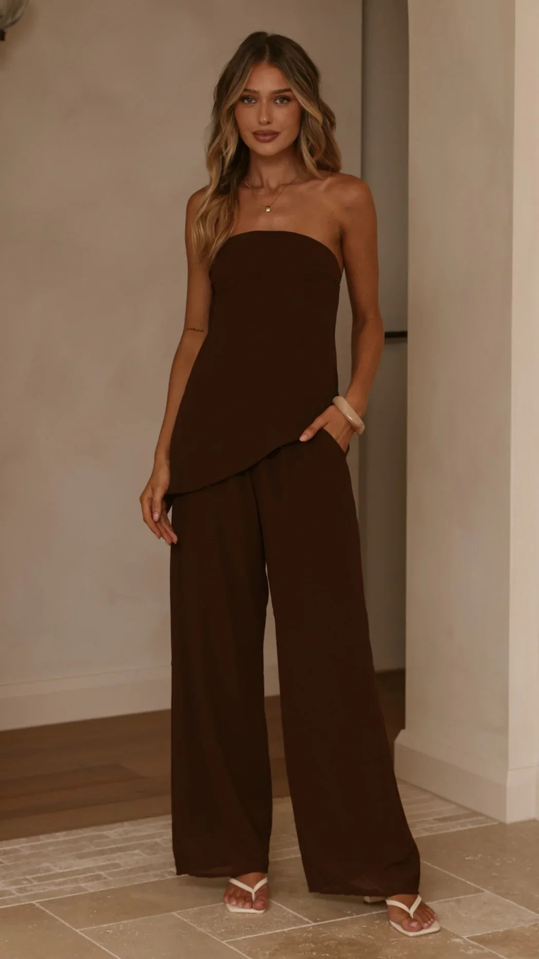 Zabrina Semi Sheer Strapless Top and Pants Set Chocolate