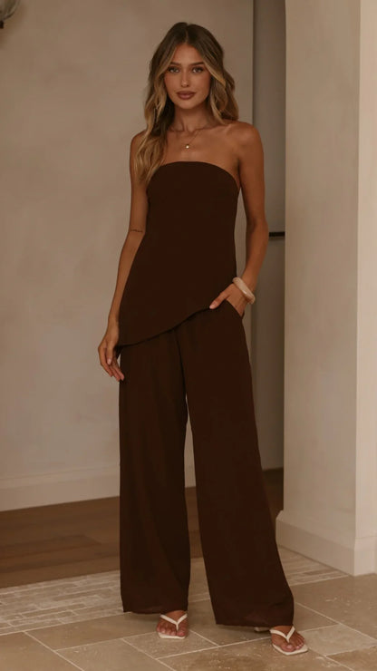 Zabrina Semi Sheer Strapless Top and Pants Set Chocolate