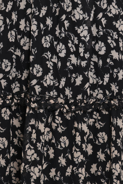 Edwina Shirred Frill Long Sleeve Midi Dress Black Ditsy Floral