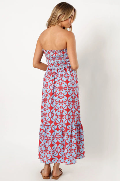Dayton Strapless Midi Dress Red Blue