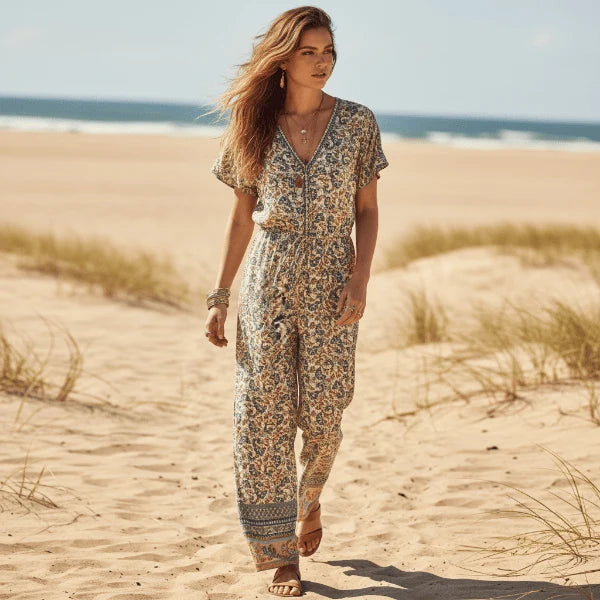 Desert Sage Boho Floral Wide Leg Jumpsuit with Pockets