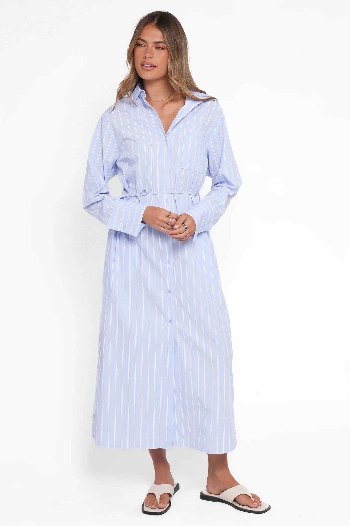 Harlan Long Sleeve Midi Dress Blue Pink Stripe