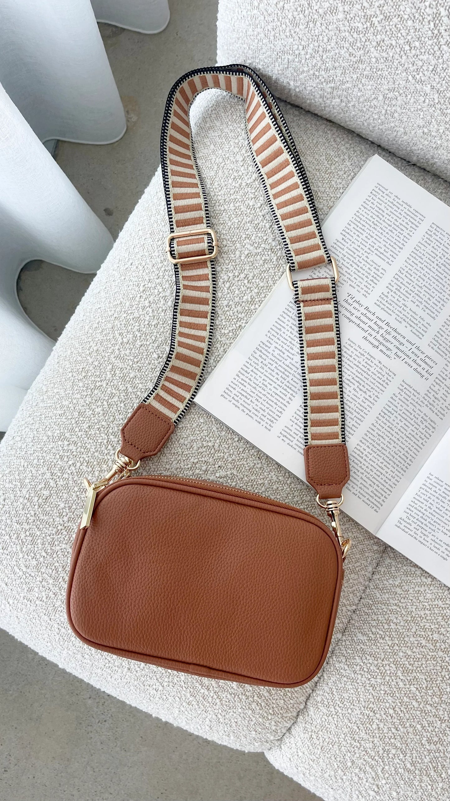 Bella Striped Webbing Camera Bag Tan