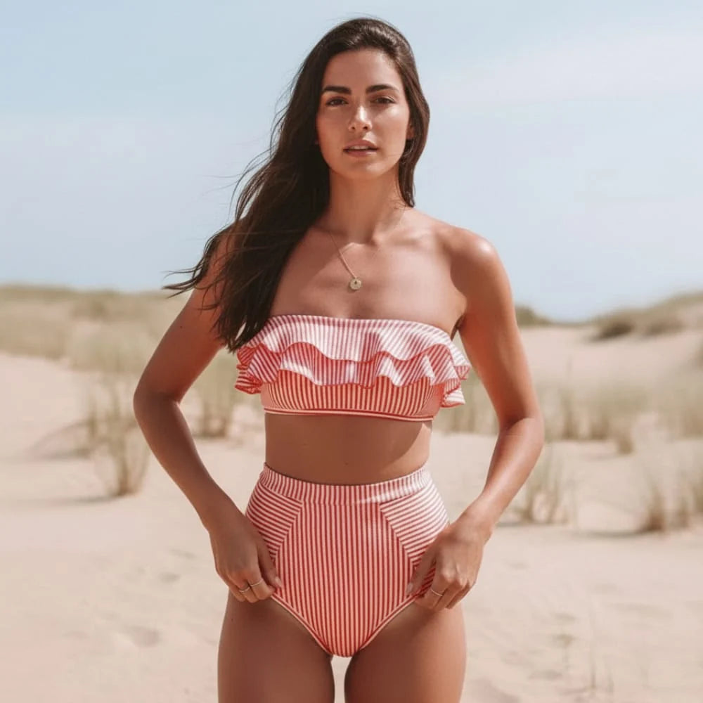 Striped Bandeau High Waisted Bikini Set