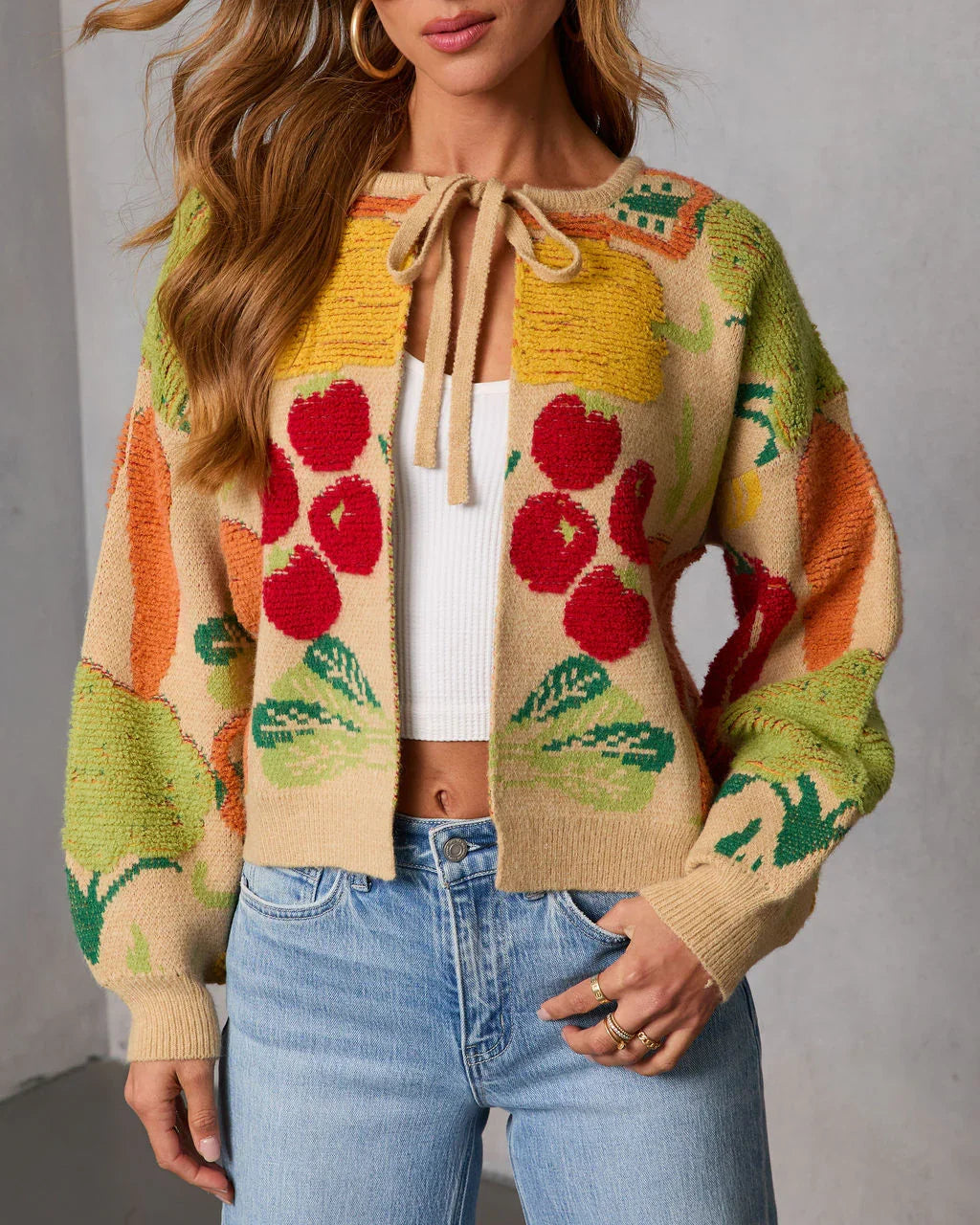 Fresh Picks Graphic Front Tie Sweater