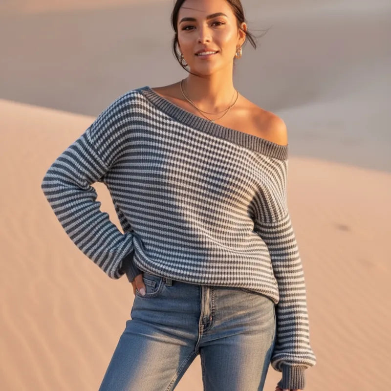 Boho Striped Slash Neck Lantern Sleeve Sweater