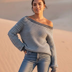 Boho Striped Slash Neck Lantern Sleeve Sweater