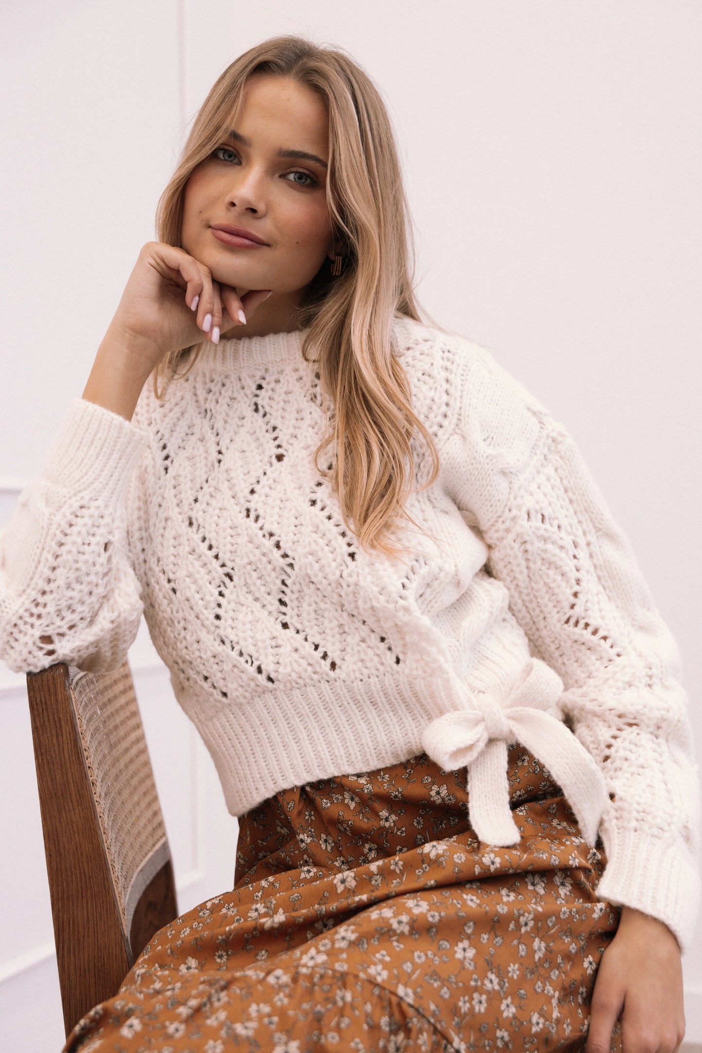 Birdie Tie Side Knit Sweater Cream