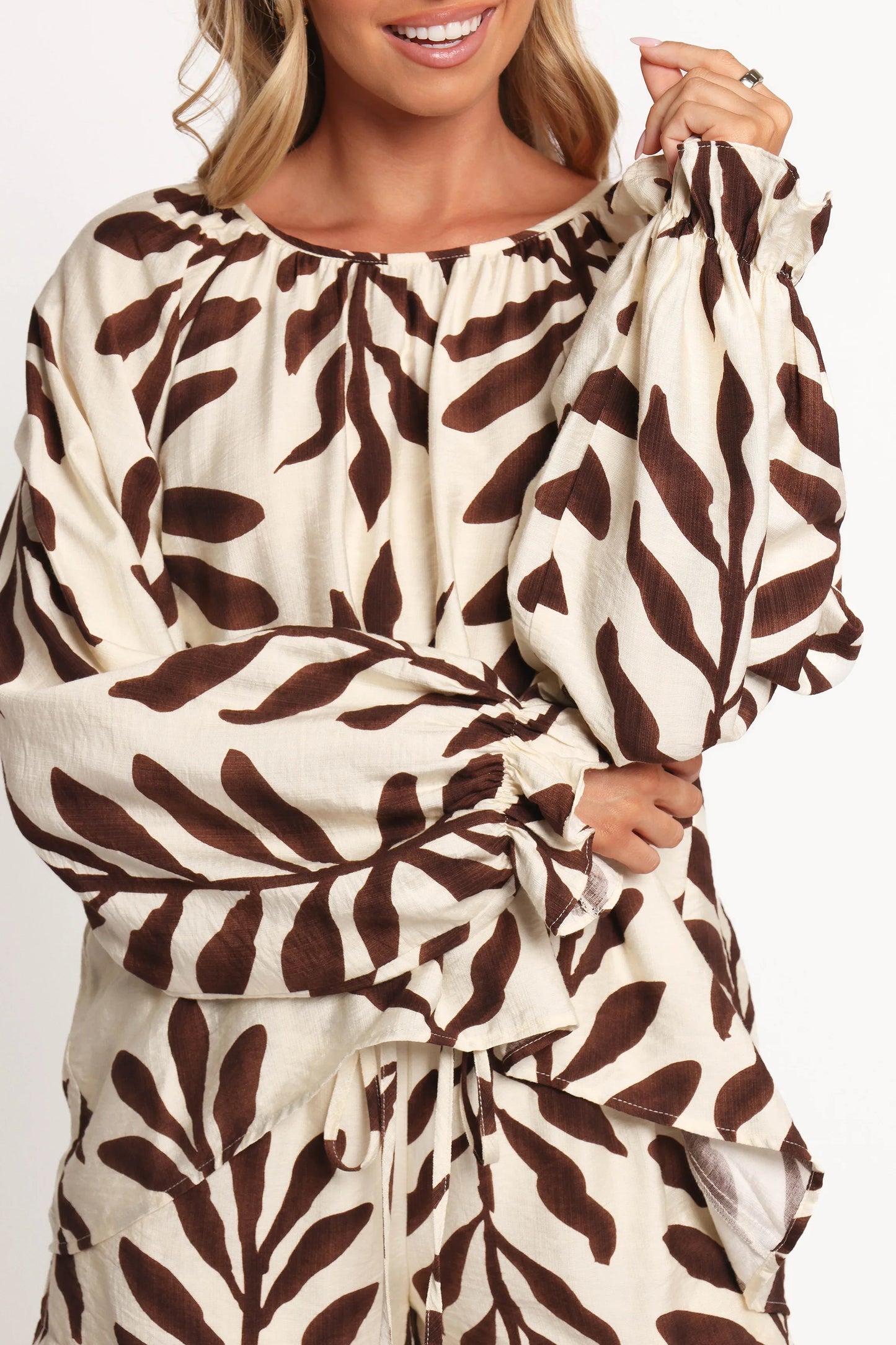 July Long Sleeve Smock Top Brown Palm