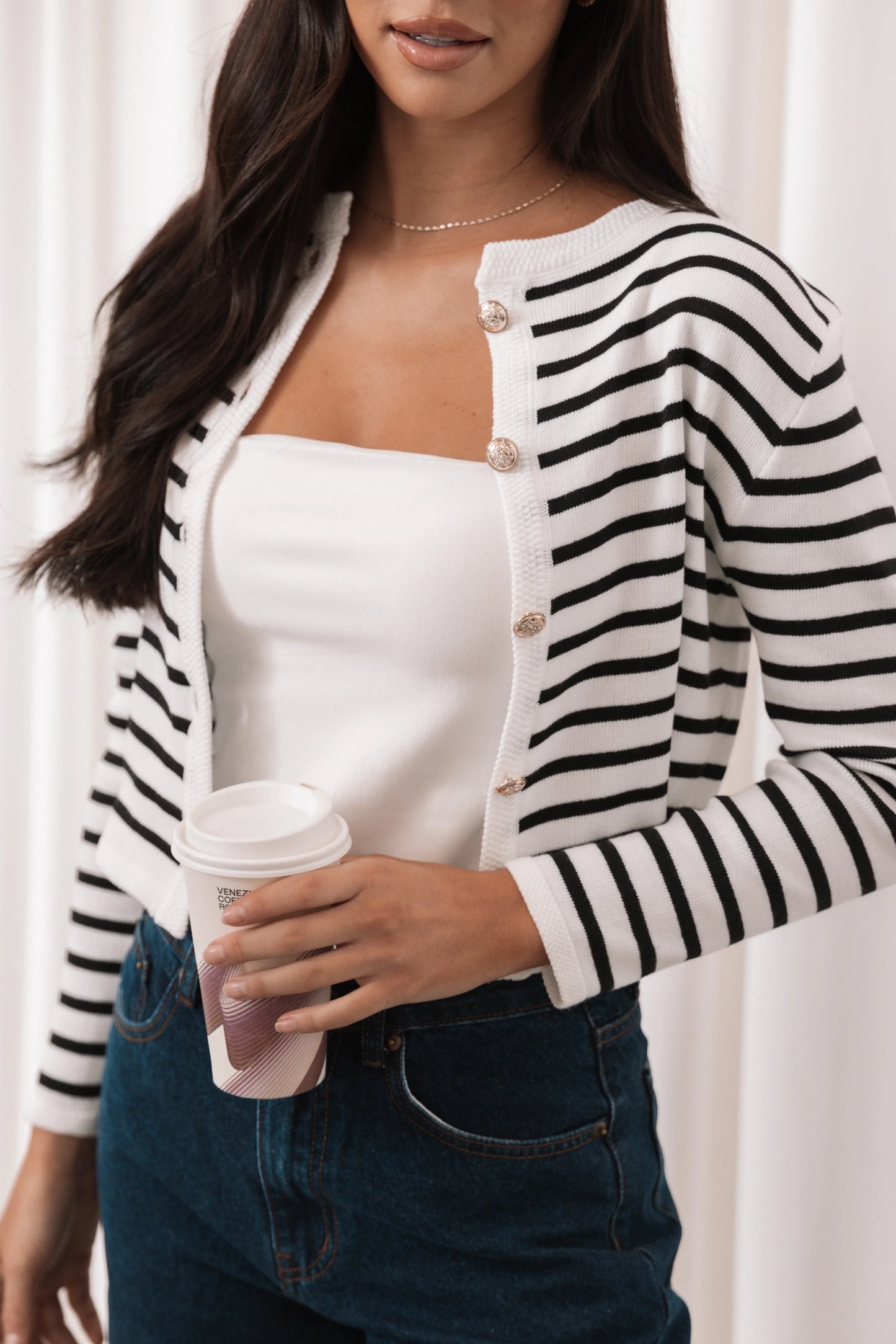 Cynthia Striped Button Front Cardigan Black Cream