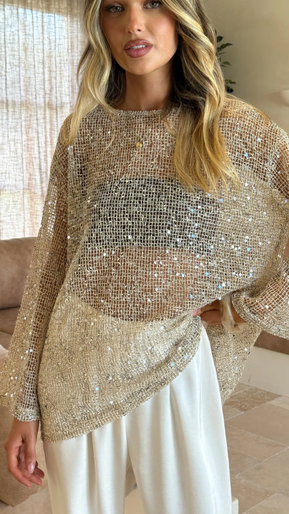 Zahni Sequins Long Sleeve Top Beige