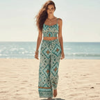 Dusty Teal Floral Crop Top Wide Leg Pants Set