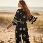 Boho Black Print Kimono Wide Leg Pants Set