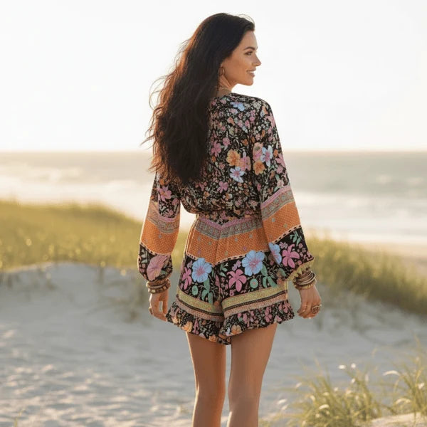 Boho Midnight Garden Floral Long Sleeve Romper