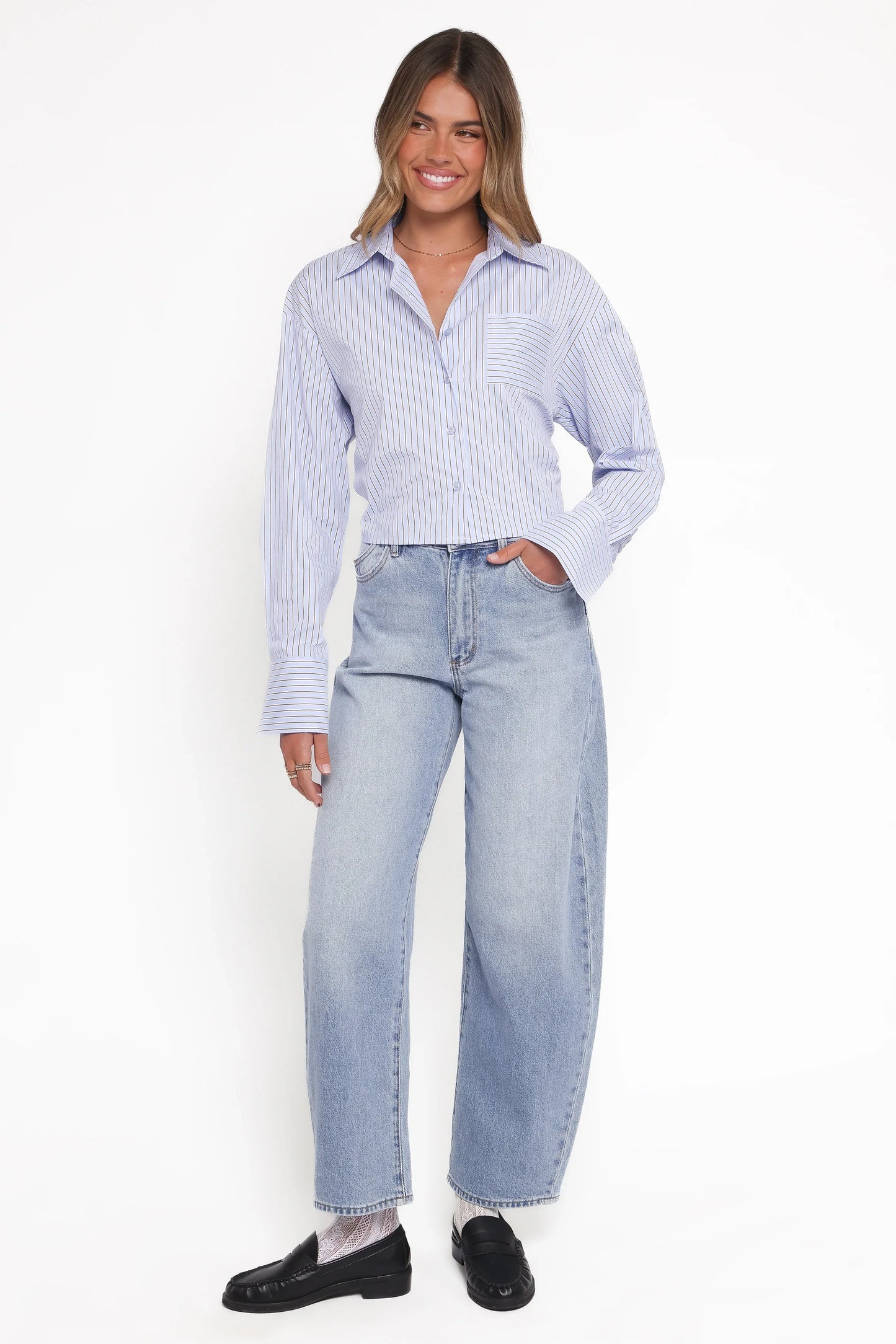 Vienne Tie Back Button Up Shirt Blue Brown Stripe