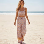 Dusty Rose Floral Crop Top Wide Leg Pants Set