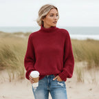 Boho Mock Neck Loose Knit Pullover Sweater
