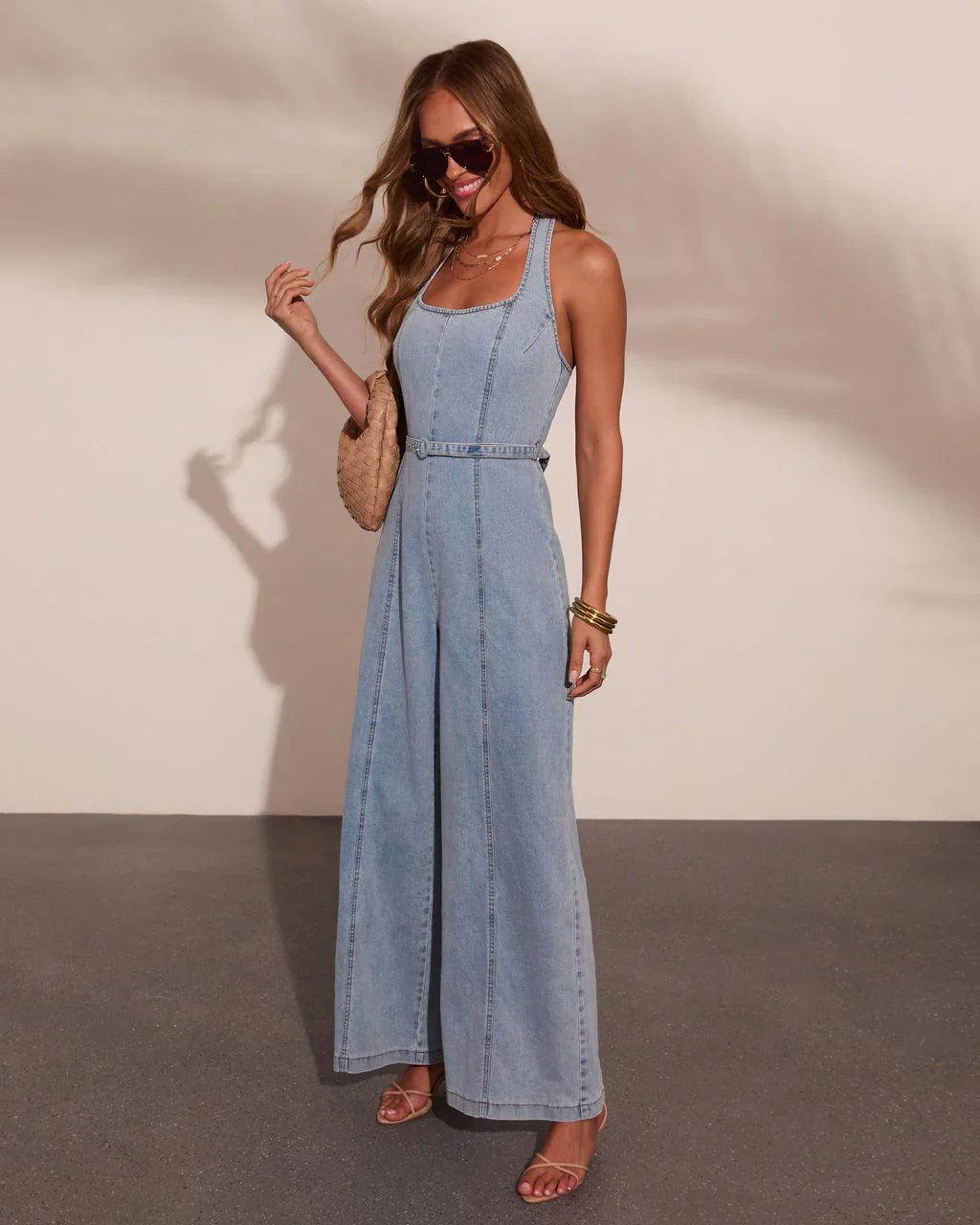 Breya Belted Denim Halter Neck Jumpsuit