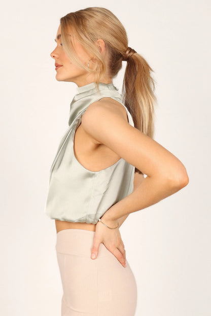 Arabella High Neck Drape Satin Top Olive