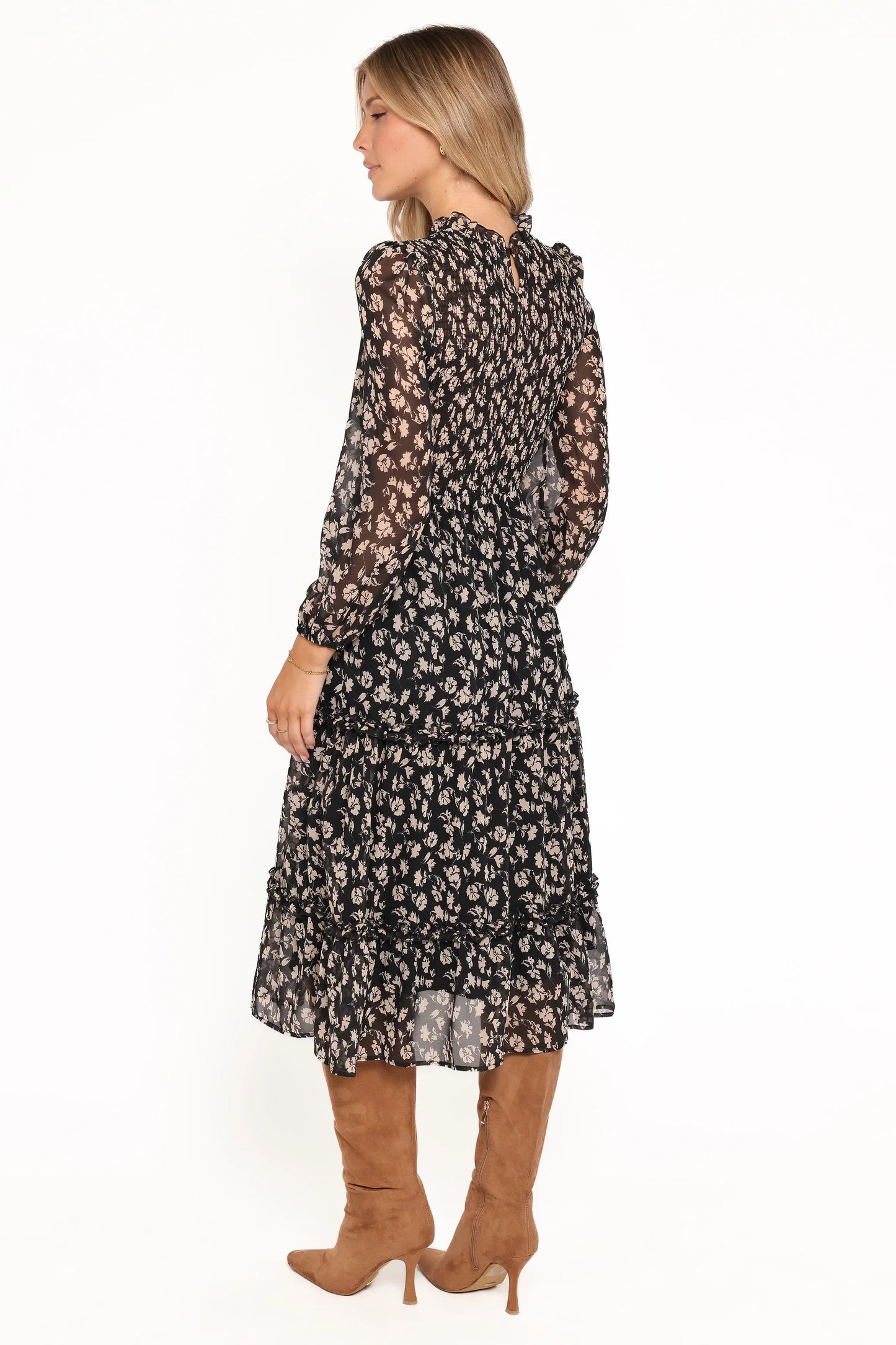 Edwina Shirred Frill Long Sleeve Midi Dress Black Ditsy Floral
