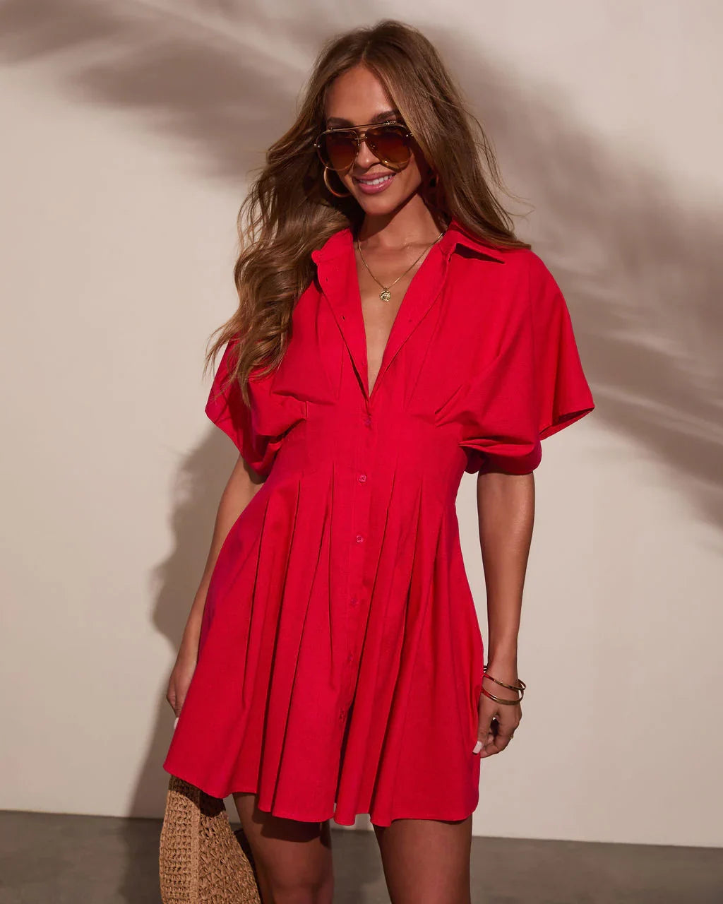 Stacie Pleated Mini Shirt Dress