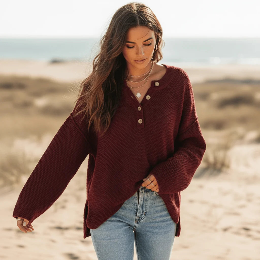 Bohemian Long Sleeve Henley Knit Sweater