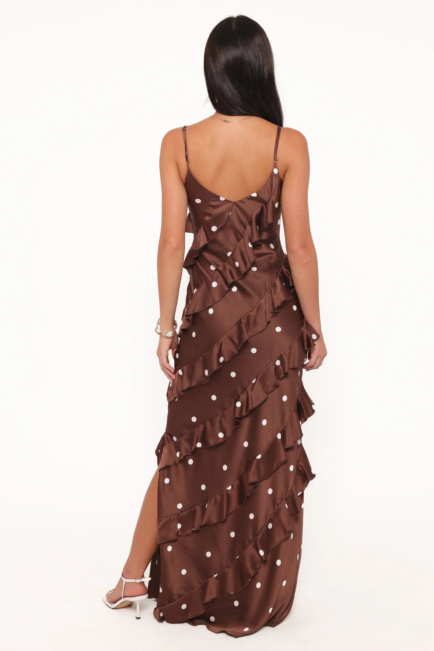 Ciao Ruffles Maxi Satin Dress Brown Polka Dot